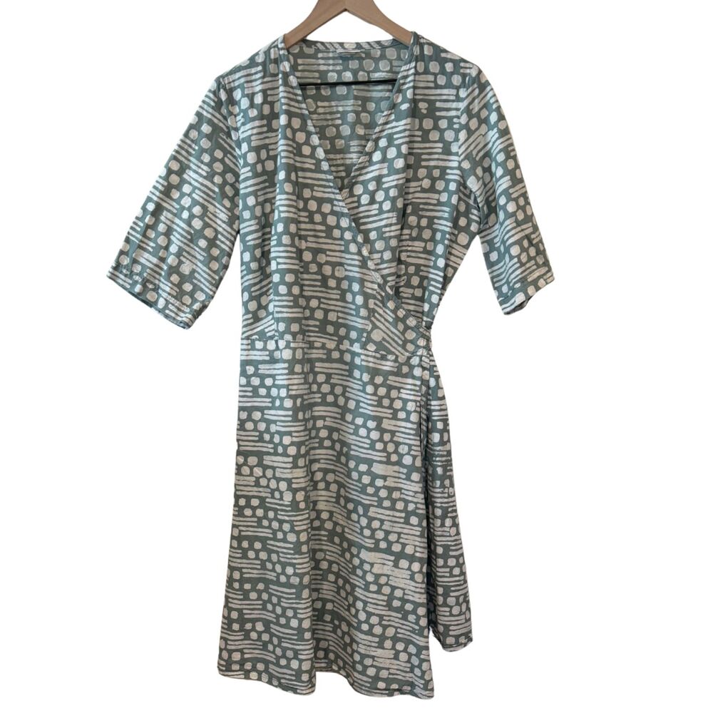 Global Mamas Green White Geometric Print Short Sleeve Wrap Dress Size XL Cotton